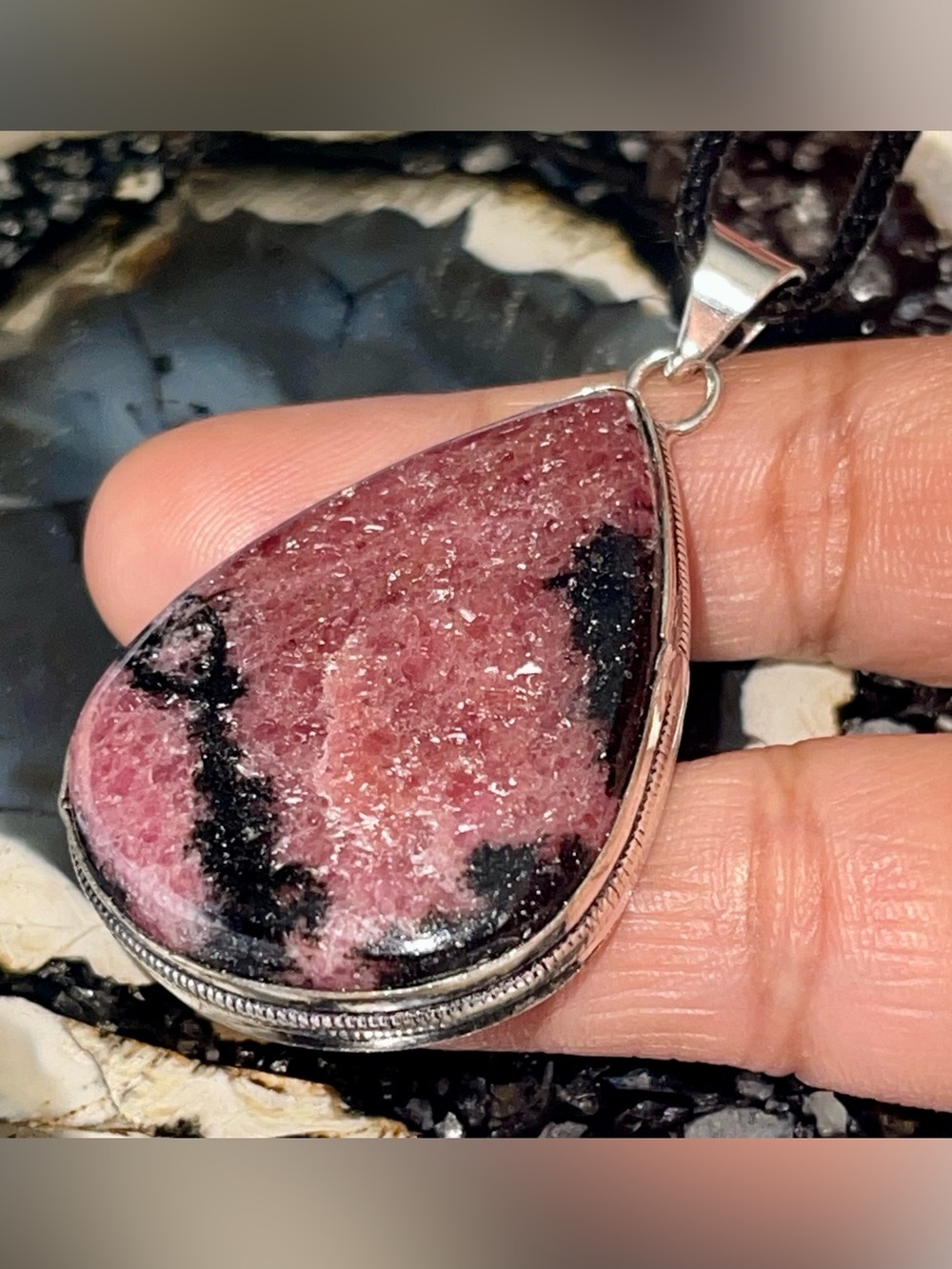 “The Stone of Love” Rhodonite Pendant 2 1/4”